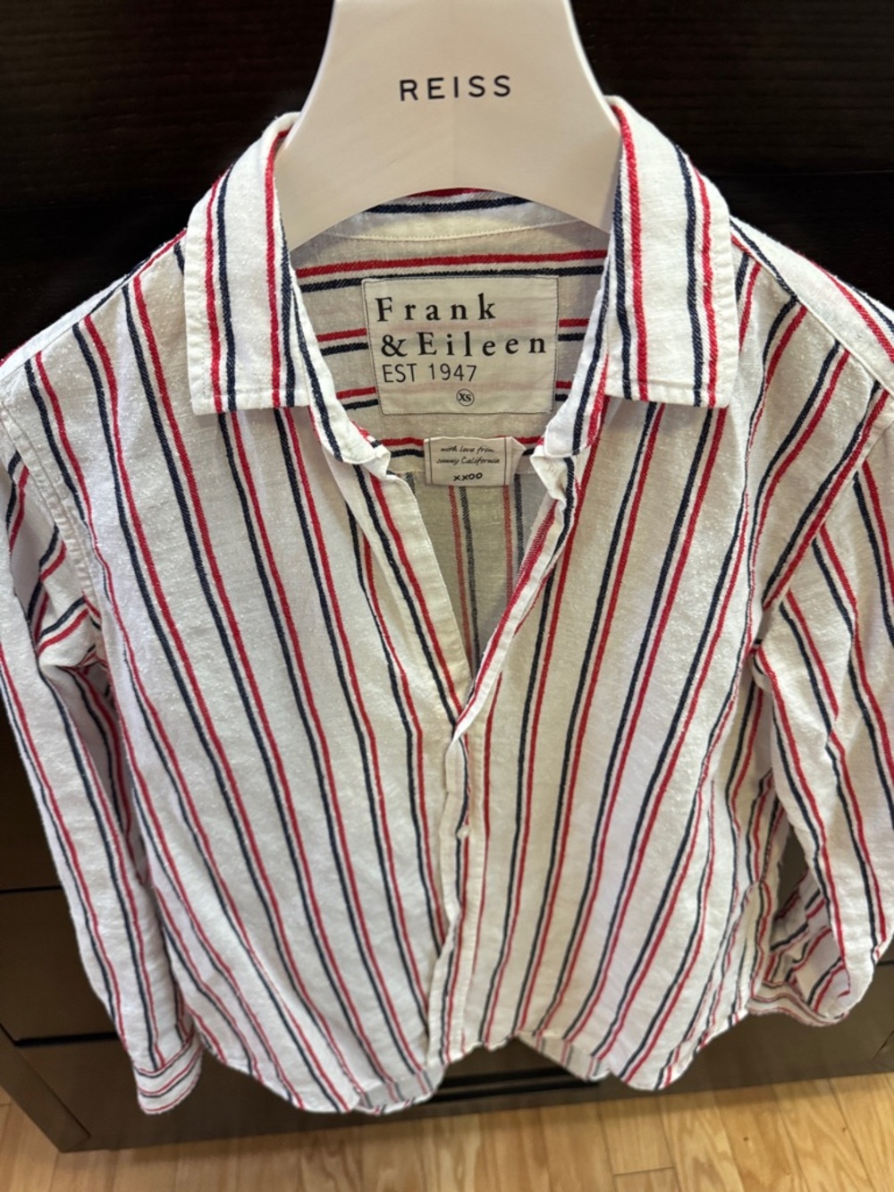 Frank & Eileen White Shirt with Red and Navy Stripes the style is Frank